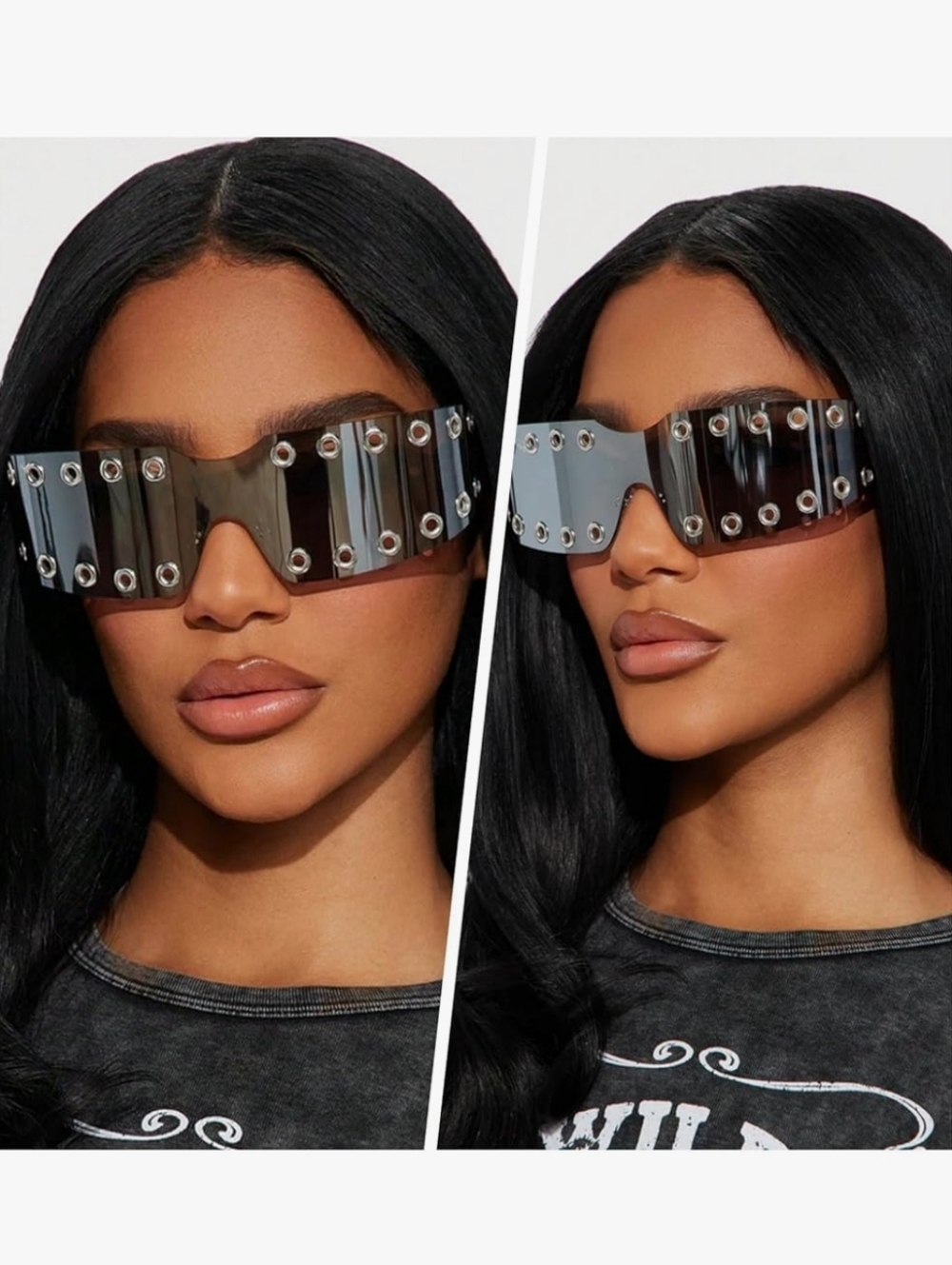 Futuristic Studded Wraparound Shield Sunglasses - Smoke